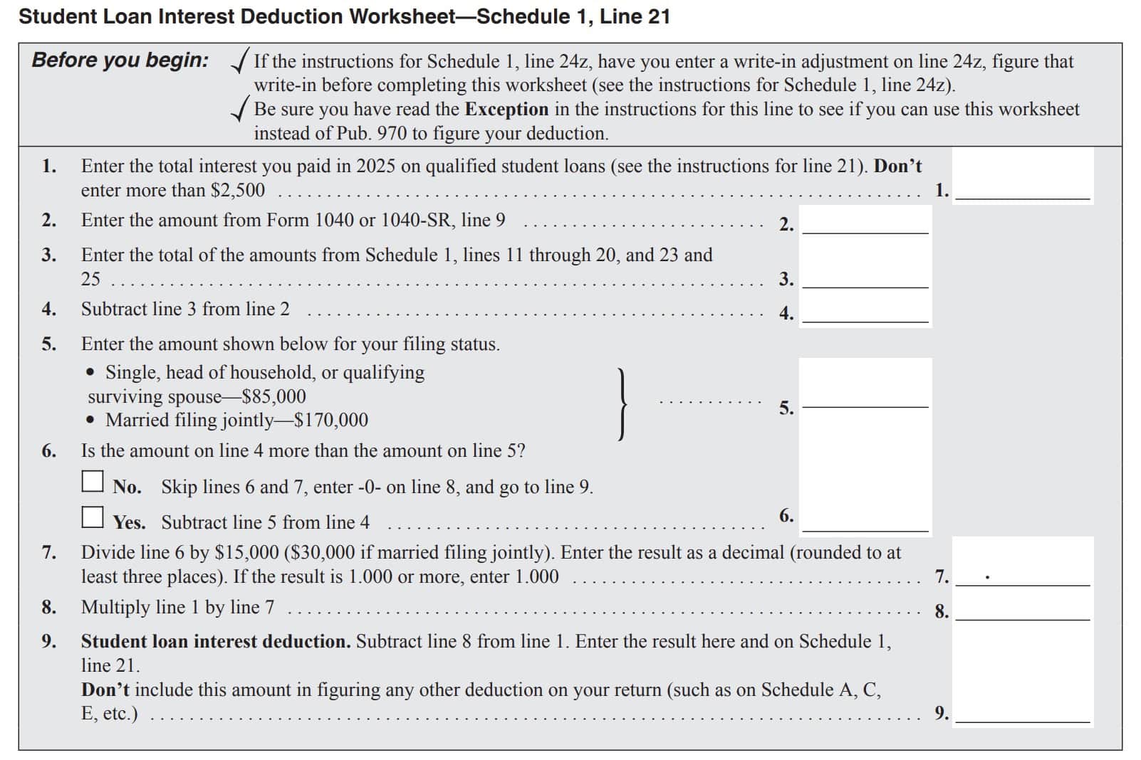 student loan interest deduction worksheet, schedule 1, line 21