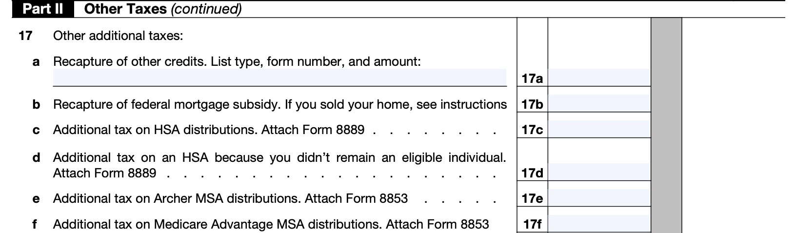 Line 17a through 17f: Other taxes