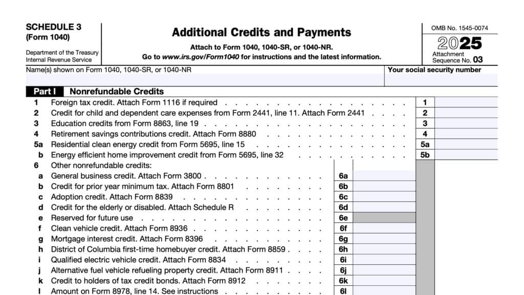 IRS Schedule 3, Additional Credits & Payments