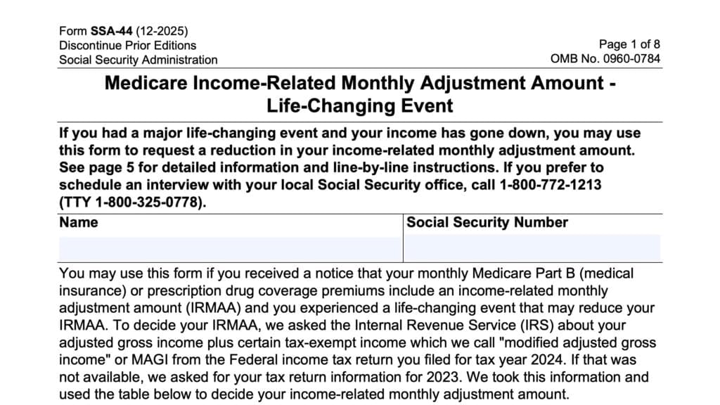 Form SSA-44: Medicare Income-Related Monthly Adjustment Amount: Life-changing event