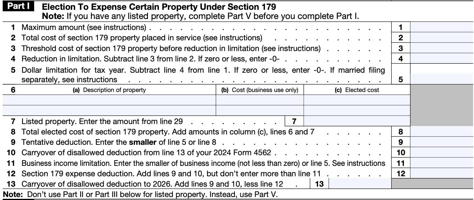 irs form 4562 part i: election to expense certain property under section 179
