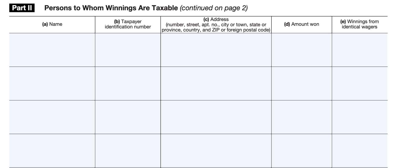 irs form 5754 part ii: persons to whom winnings are taxable 