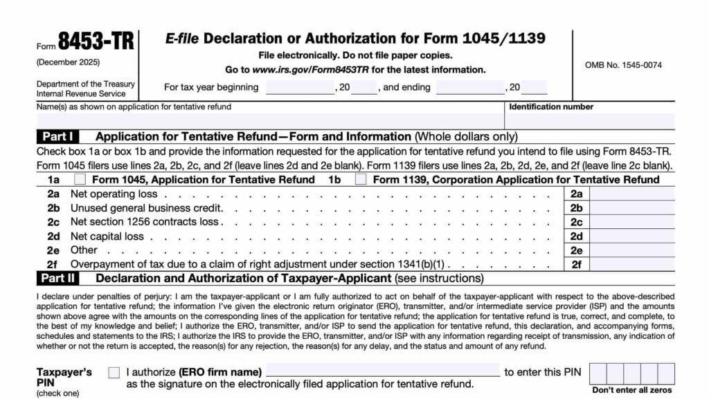 irs form 8453-tr, E-file Declaration or Authorization for Form 1045/1139
