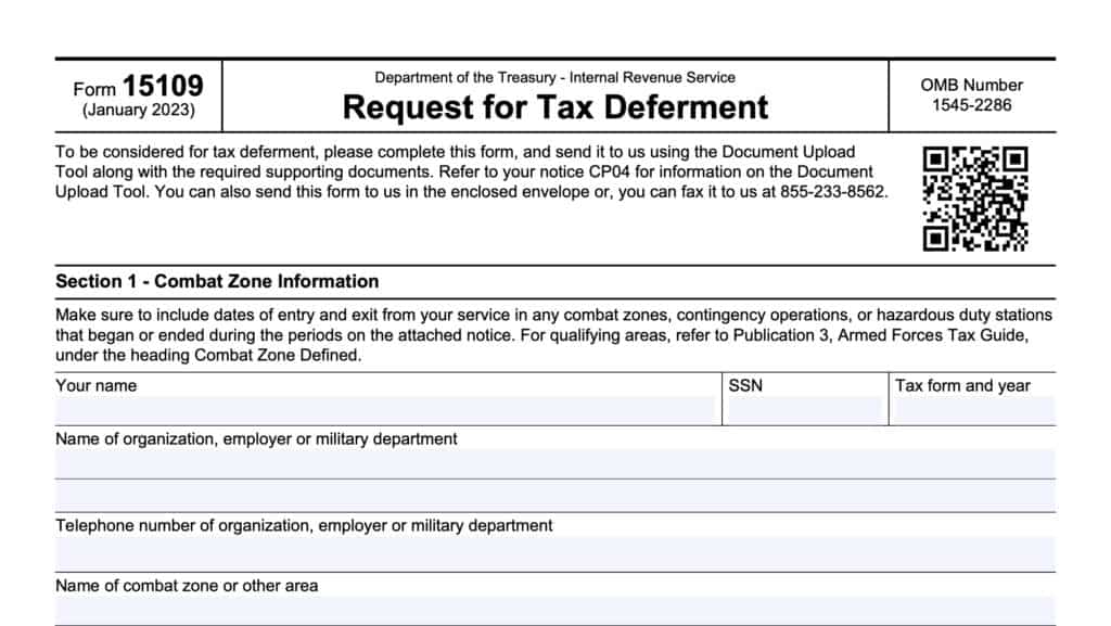 irs form 15109, request for tax deferment