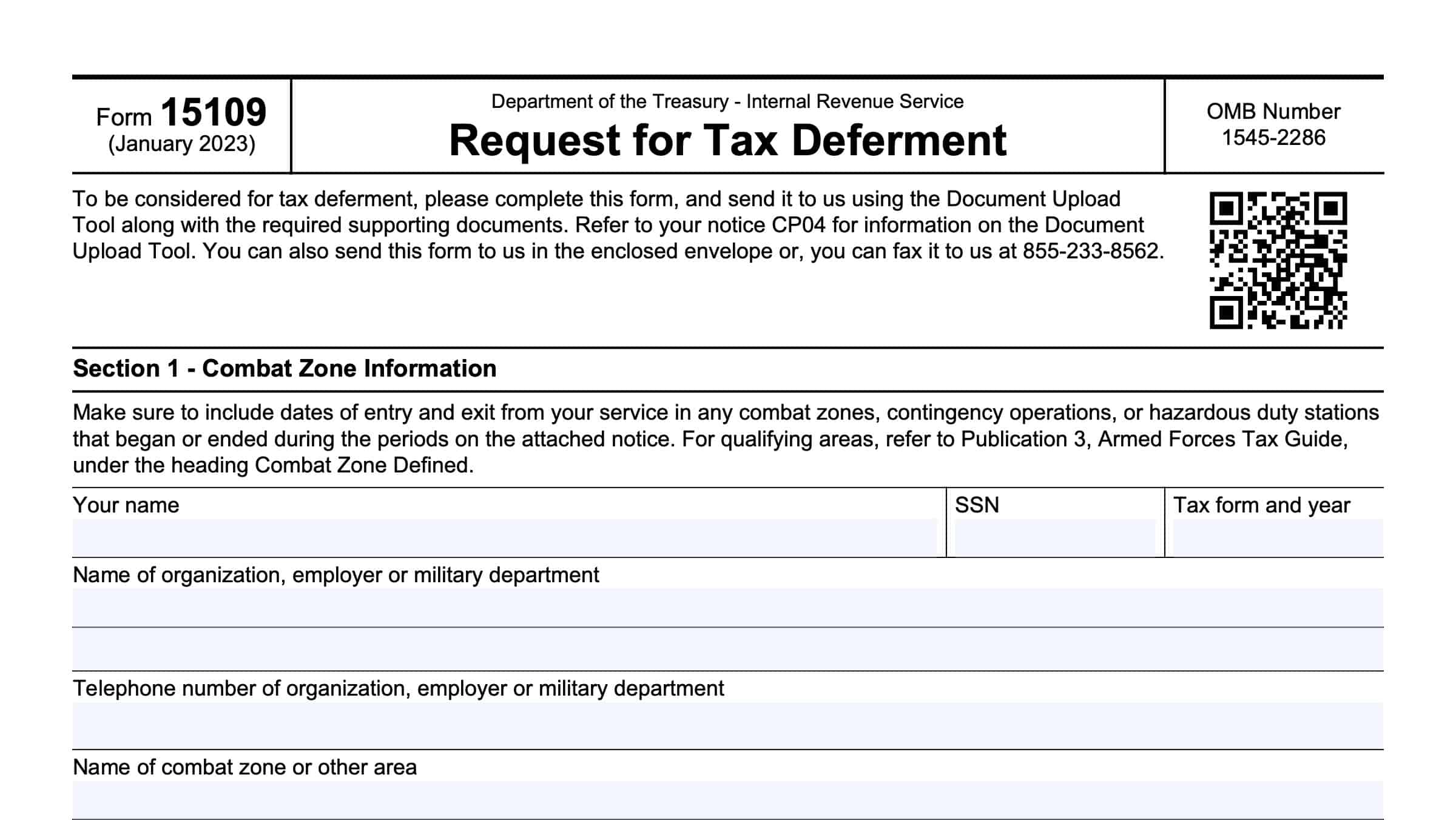 IRS Form 15109 Instructions - Request for Tax Deferment