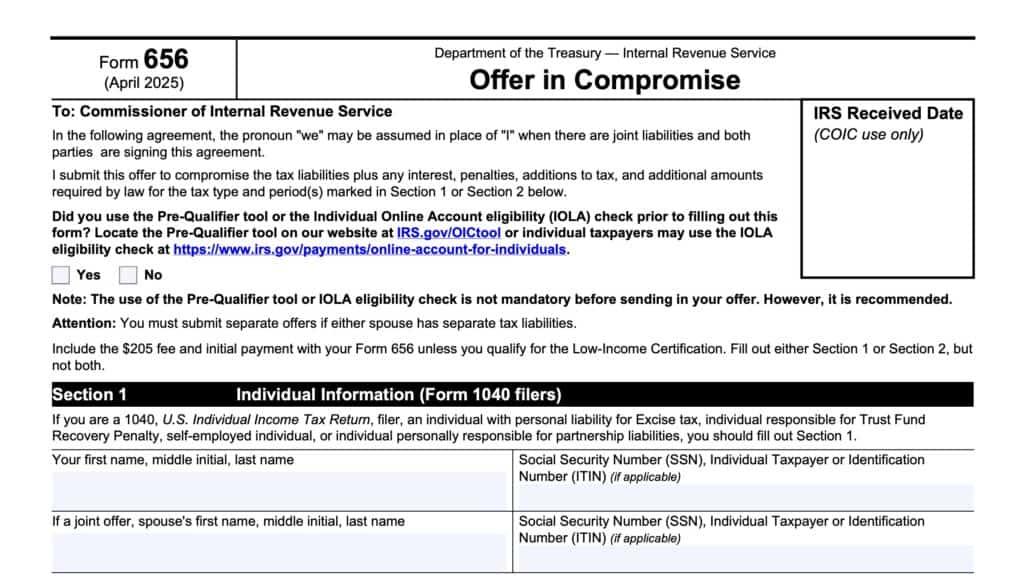 irs form 656, offer in compromise