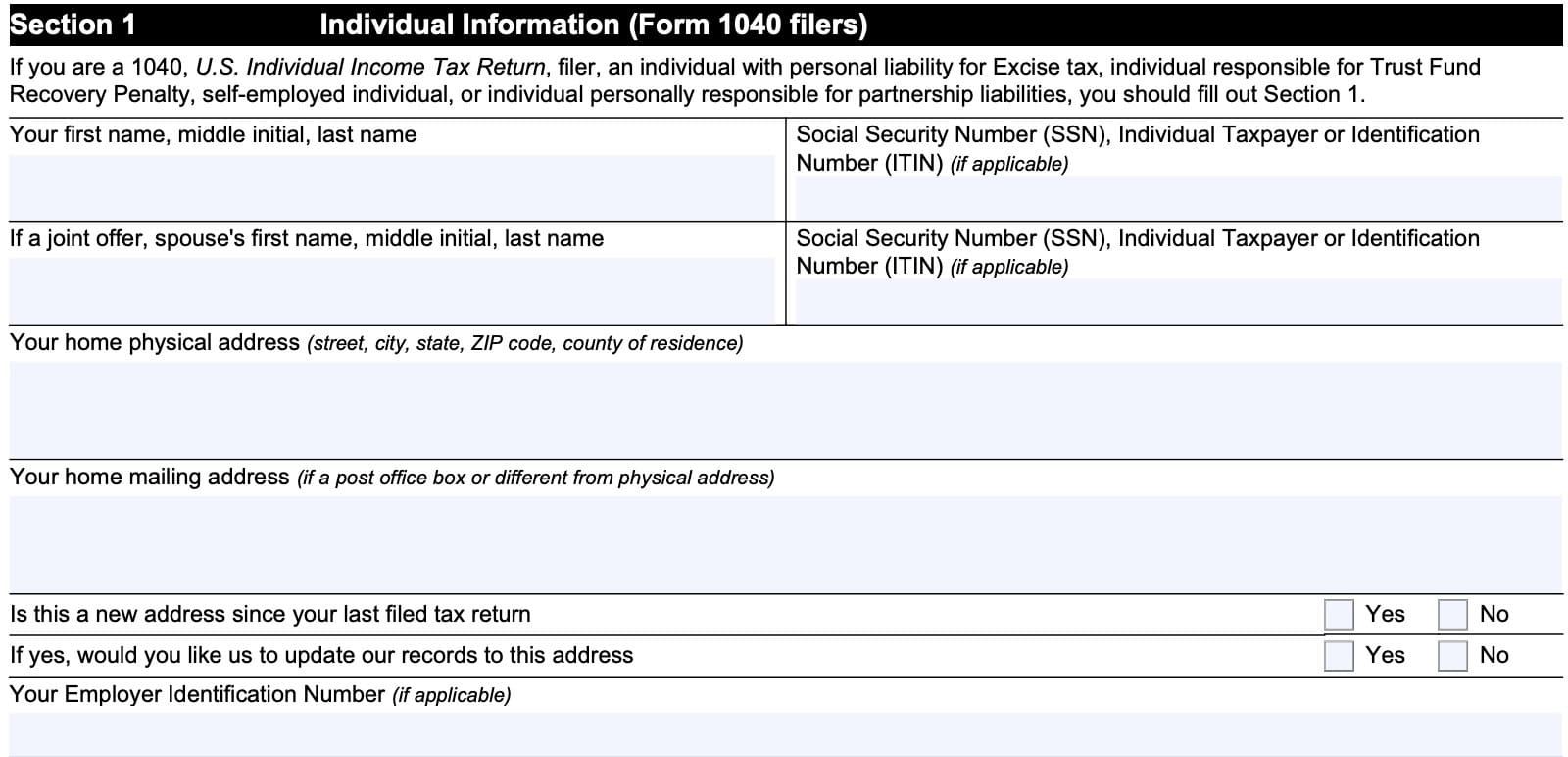 irs form 656 section 1, individual information