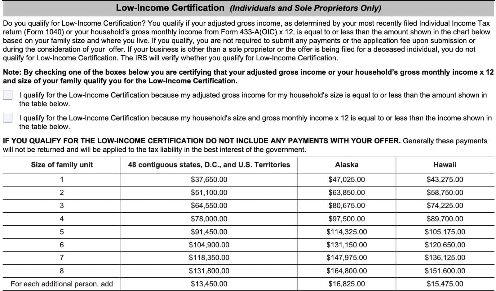 irs form 656, low income certification