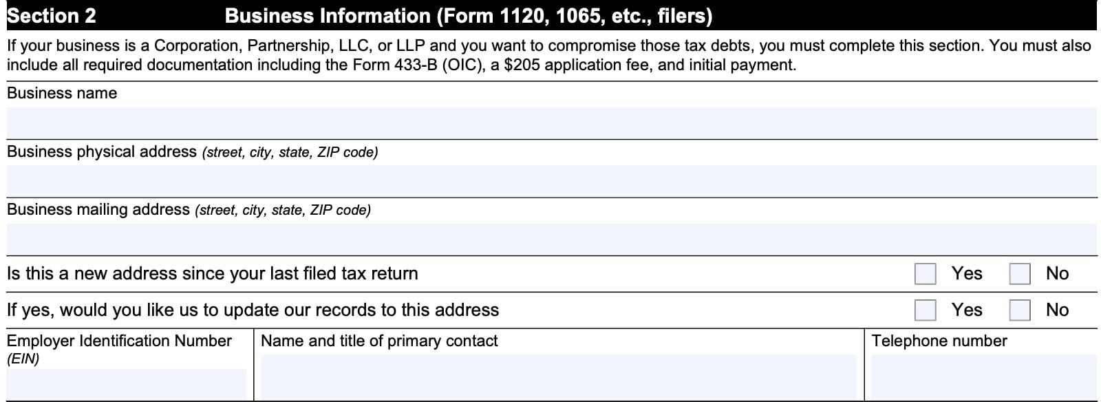 irs form 656 section 2: business information