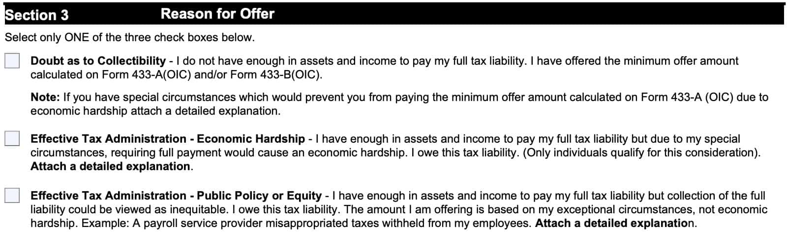 section 3, reason for offer