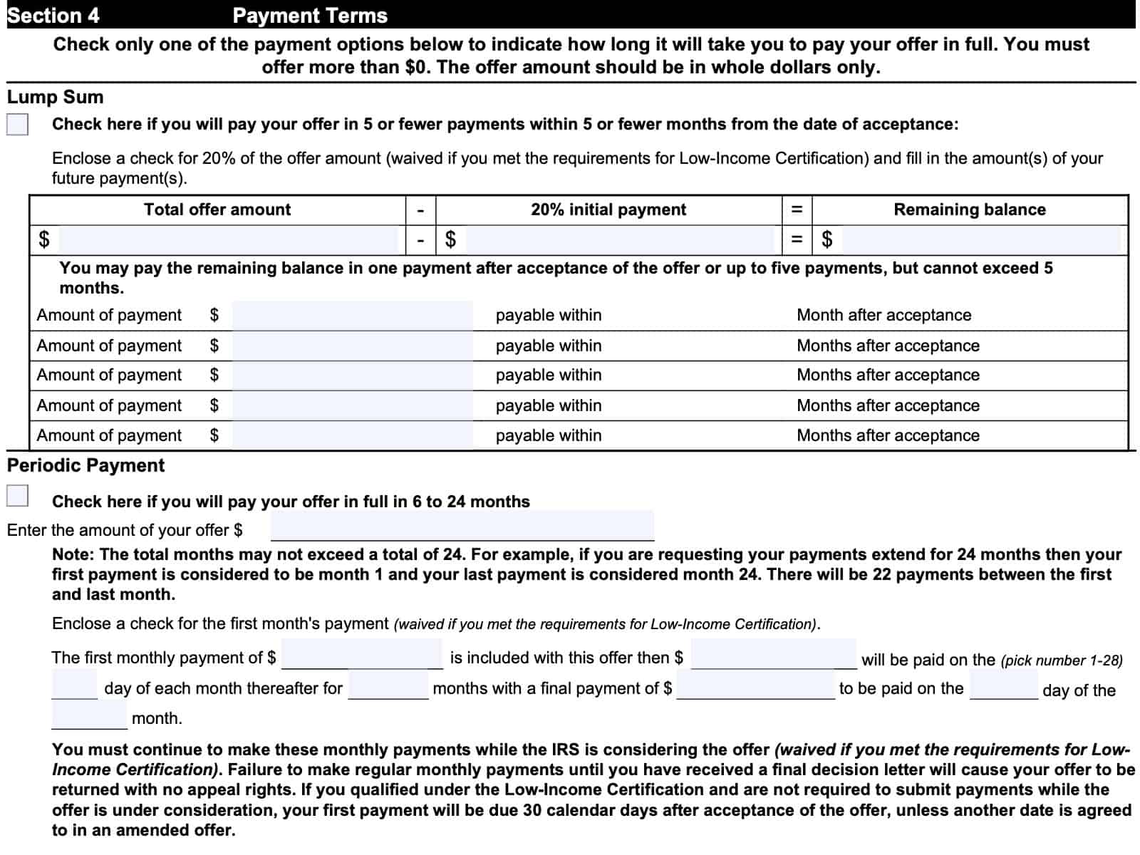 irs form 656, section 4, payment terms