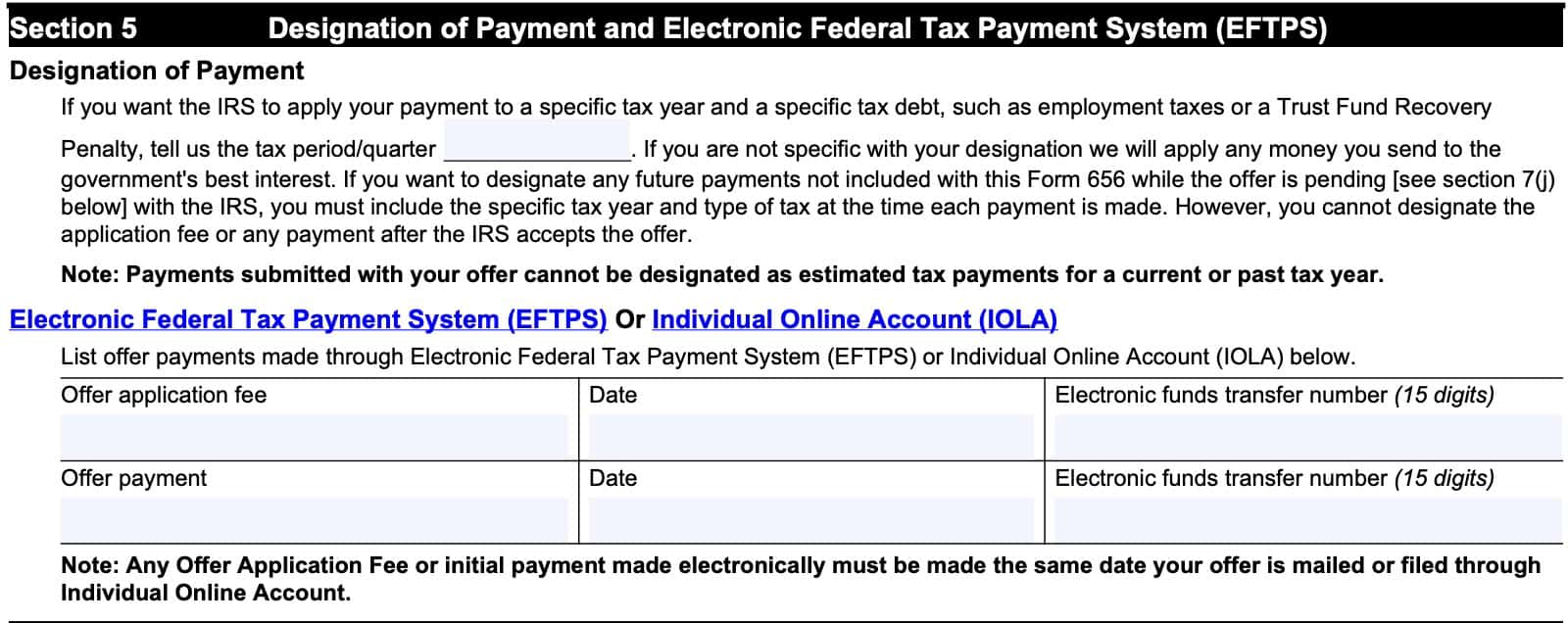irs form 656, section 5: designation of payment and eftps
