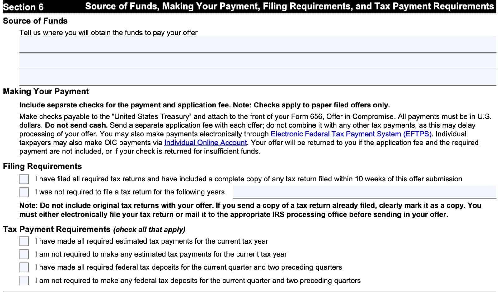 irs form 656, section 6: source of funds, making your payment, filing requirements, and tax payment requirements