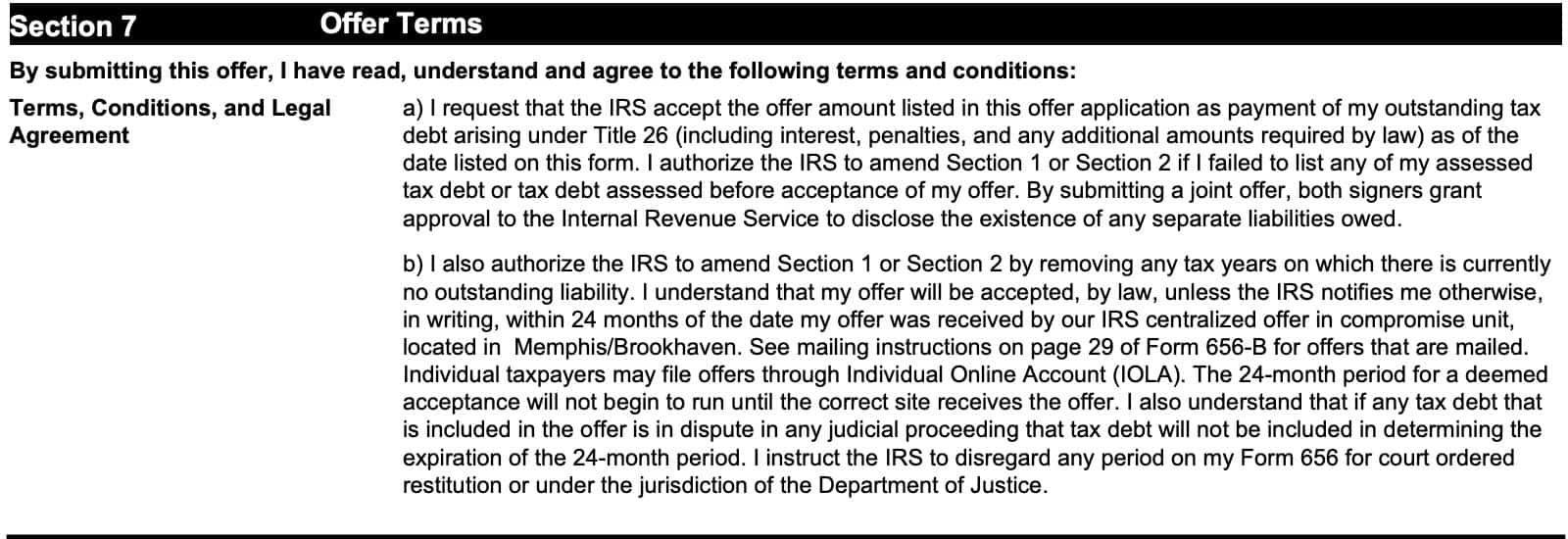 irs form 656, section 7, offer terms