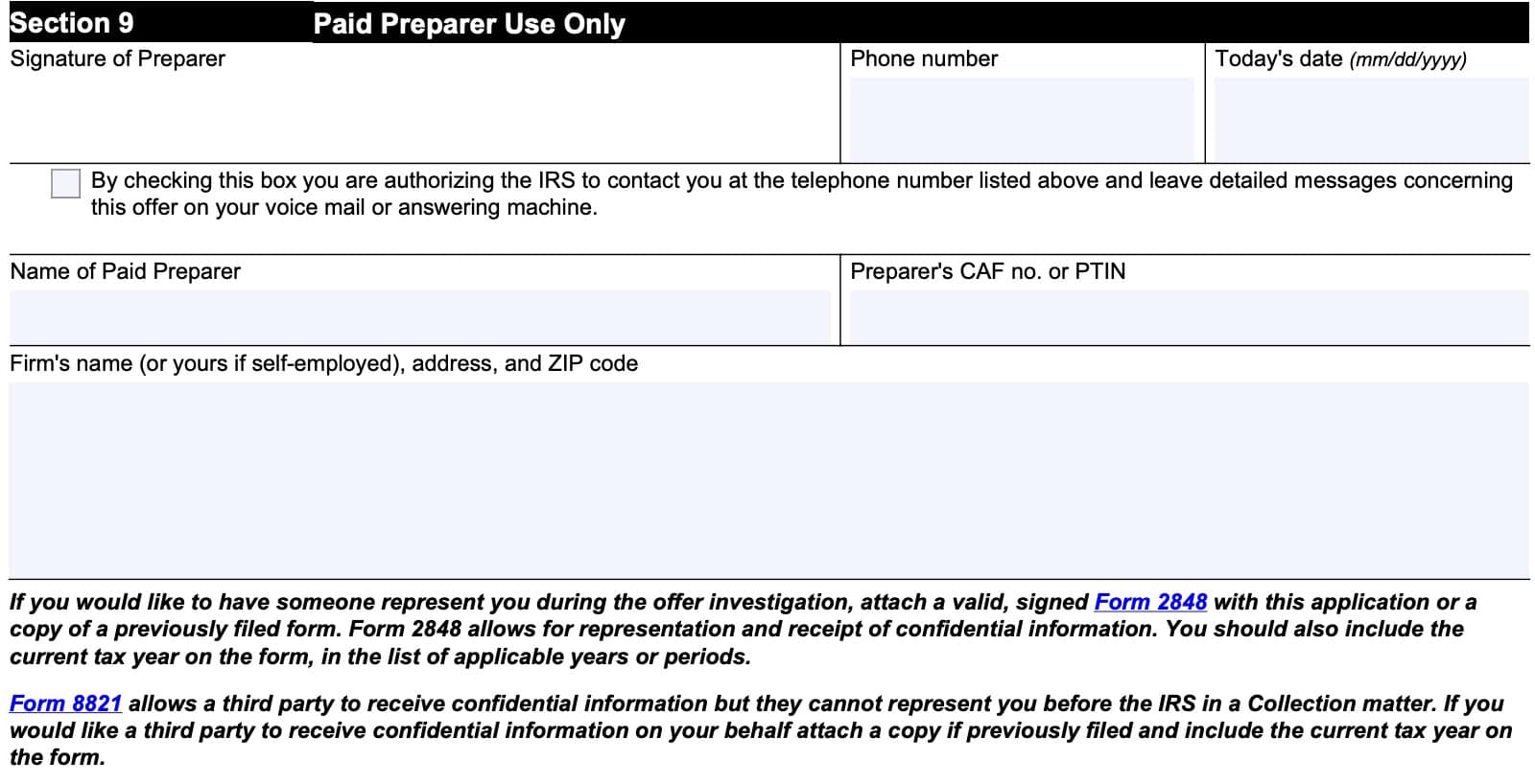 irs form 656, section 9, paid preparer use only