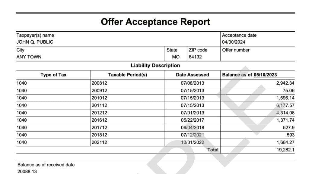 irs form 7249, Offer Acceptance Report
