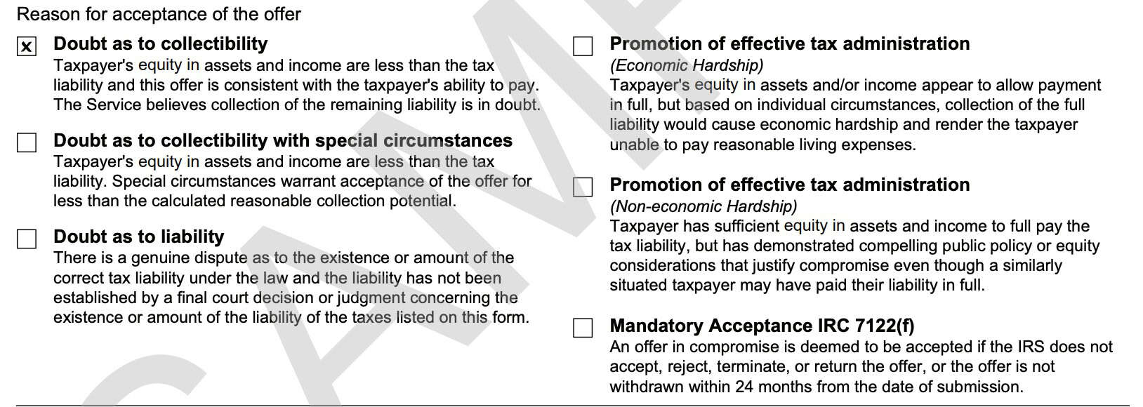irs form 7249, reason for acceptance of offer