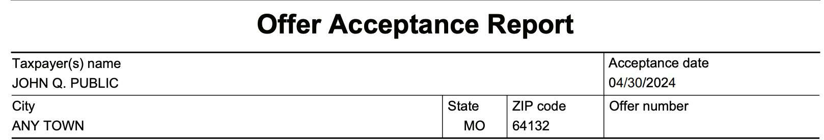 irs form 7249, offer acceptance report