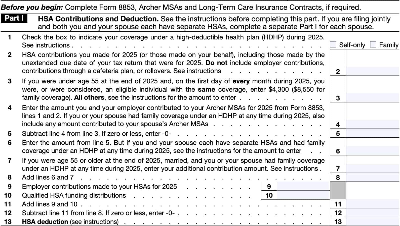 irs form 8889, health savings account, part I