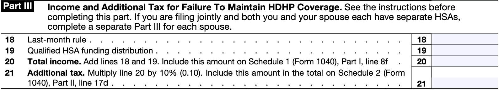 irs form 8889 Part III, income and additional tax for failure to maintain hdhp coverage