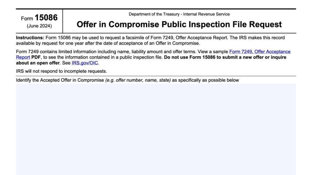 irs form 15086, offer in compromise public inspection file request