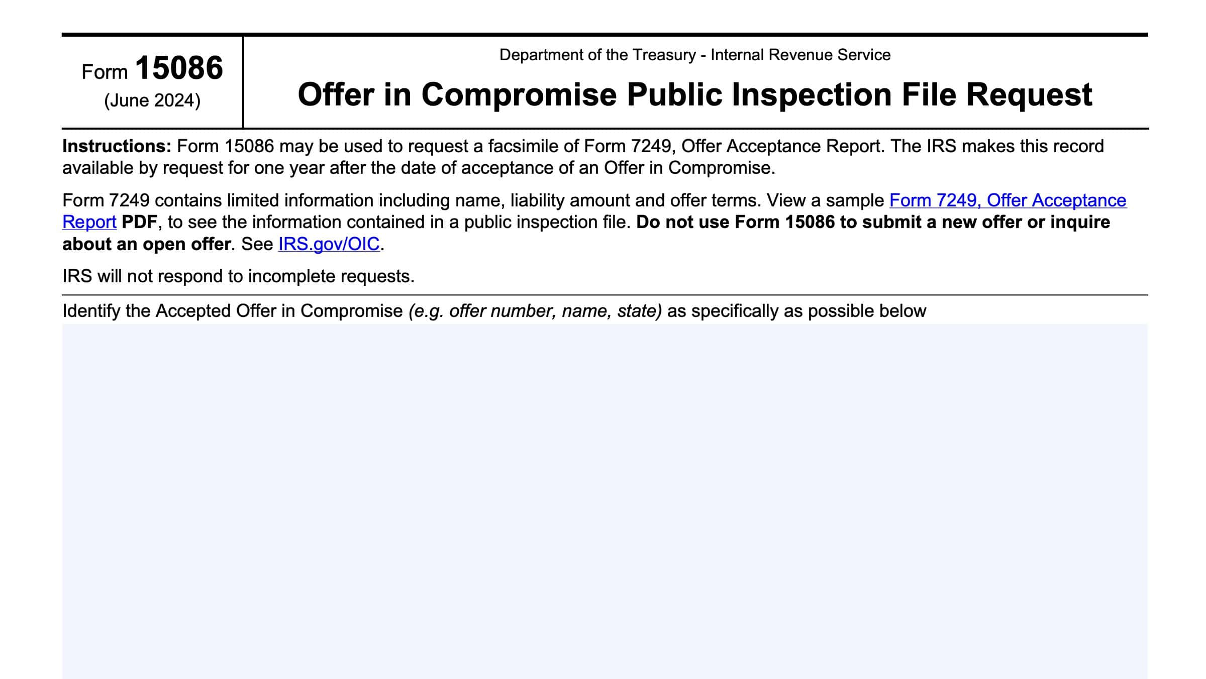 IRS Form 15086 Instructions - OIC Public Inspection File Request