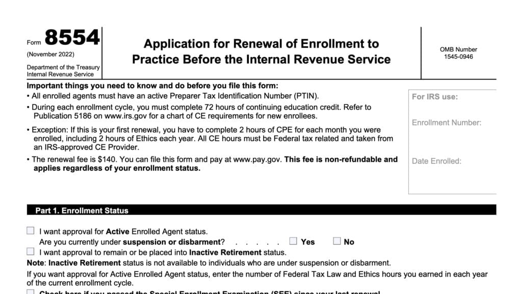 irs form 8554, application for renewal of enrollment to practice before the internal revenue service