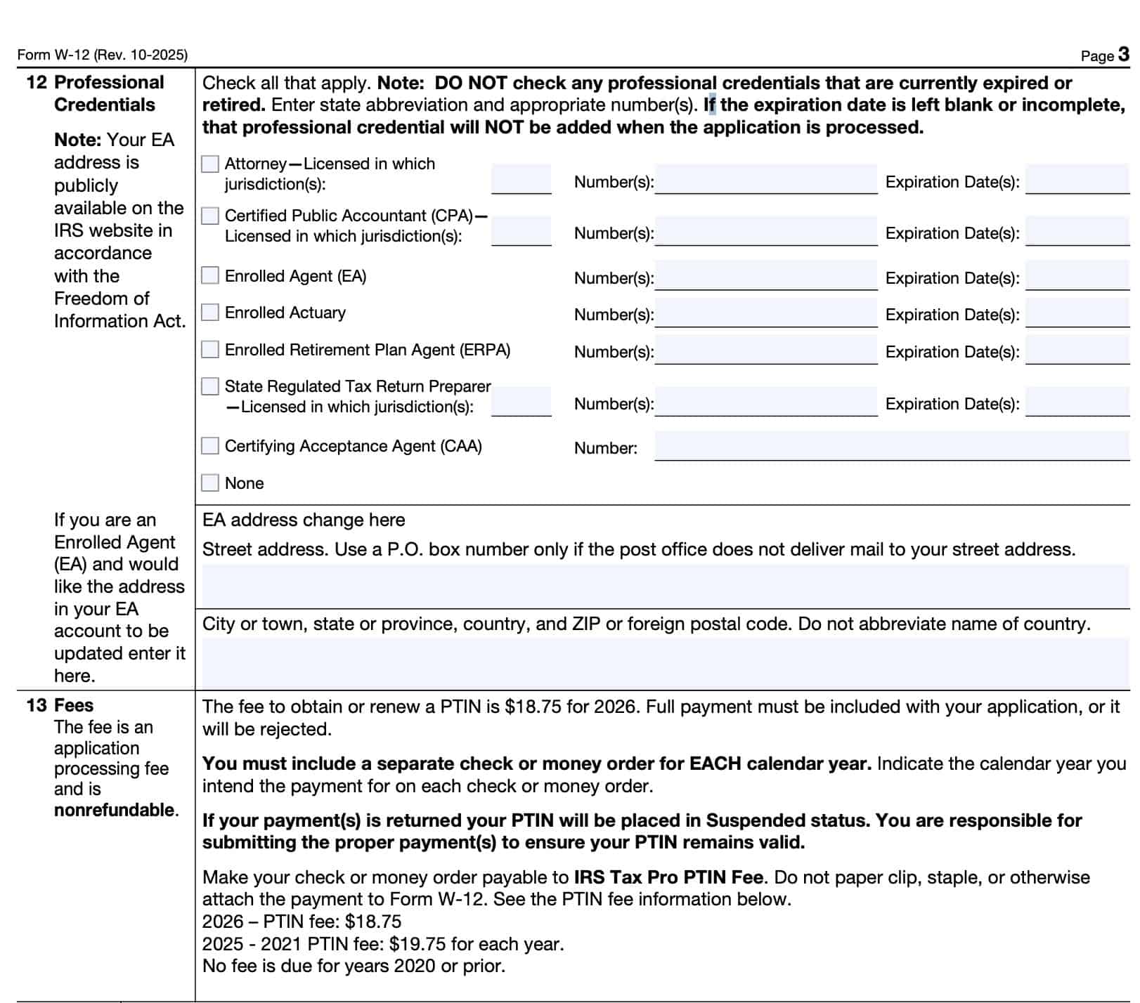 lines 12 & 13, professional credentials and fees
