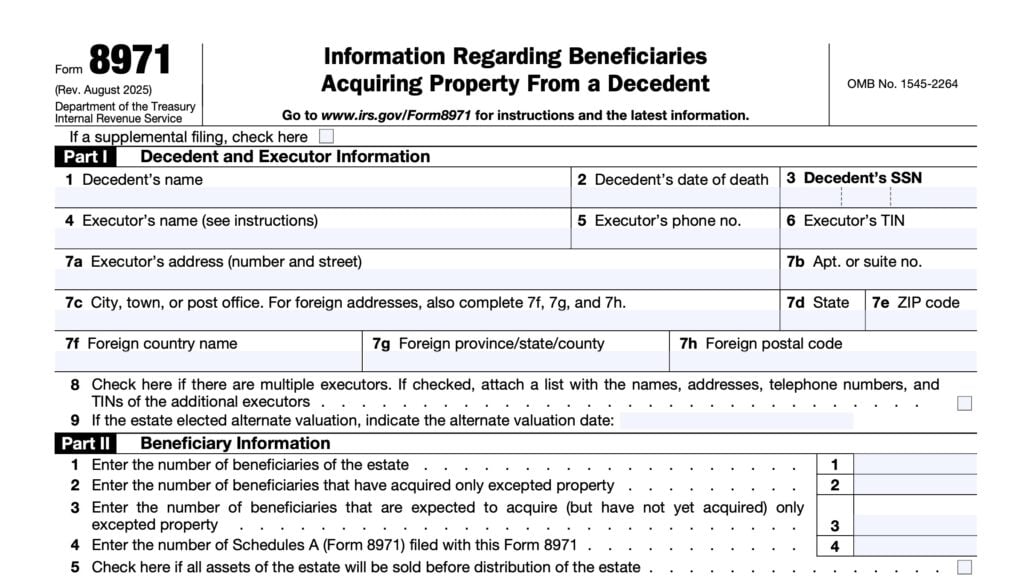 irs form 8971, information regarding beneficiaries acquiring property from a decedent